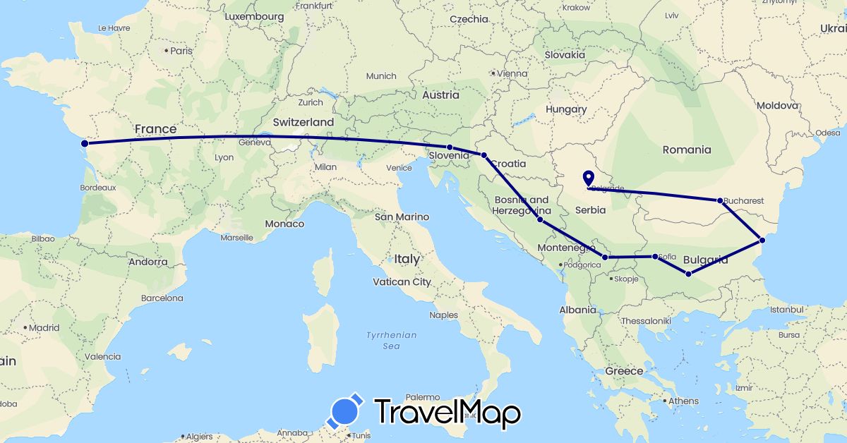 TravelMap itinerary: driving in Bosnia and Herzegovina, Bulgaria, France, Croatia, Romania, Serbia, Slovenia, Kosovo (Europe)